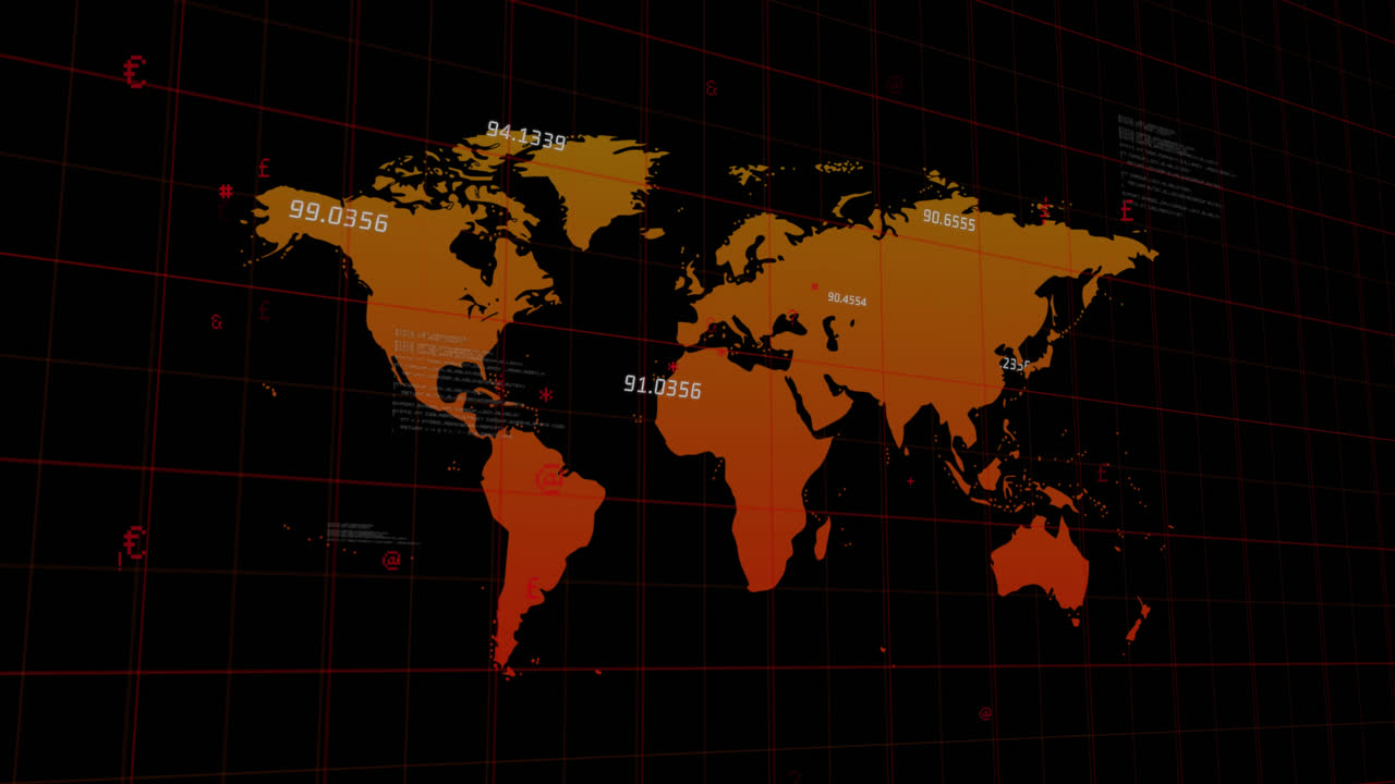 animación del procesamiento de datos y el mapa del mundo sobre la red de cuadrícula contra un fondo negro