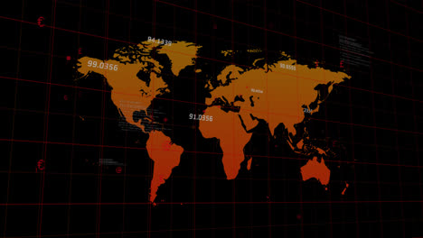 Animation-of-data-processing-and-world-map-over-grid-network-against-black-background