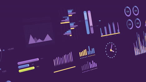animación de estadísticas y procesamiento de datos financieros sobre fondo púrpura