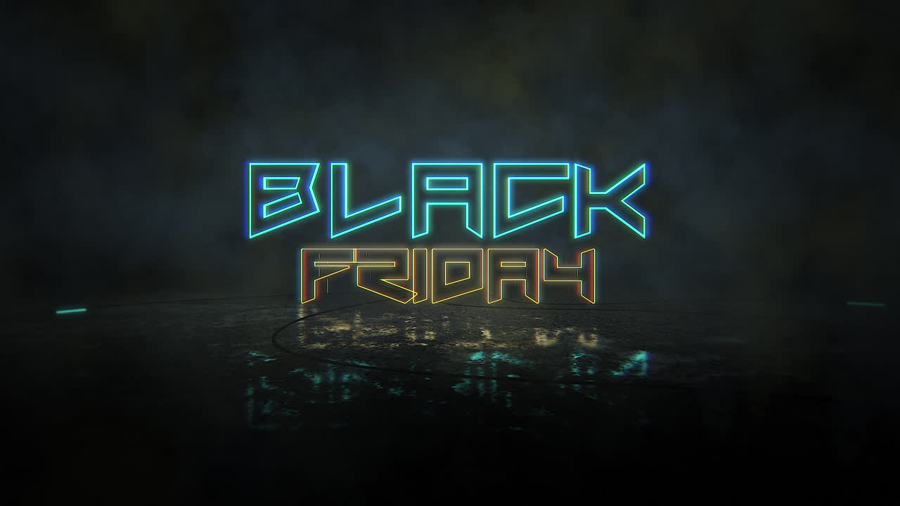 어두운 도시에서 네온 불빛이 있는 검은 금요일