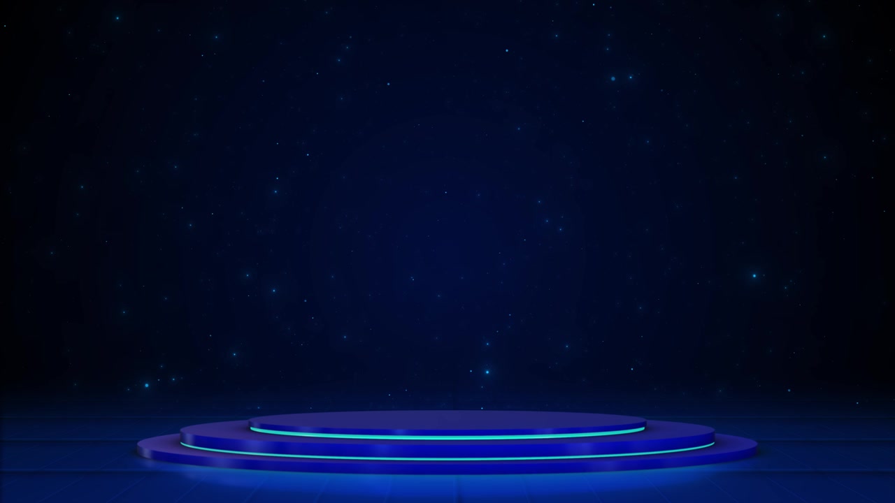 Blå futuristisk scenebaggrund med rundt podium, cyan glødende ringe, stjernepartikler og mørkt gittergulv