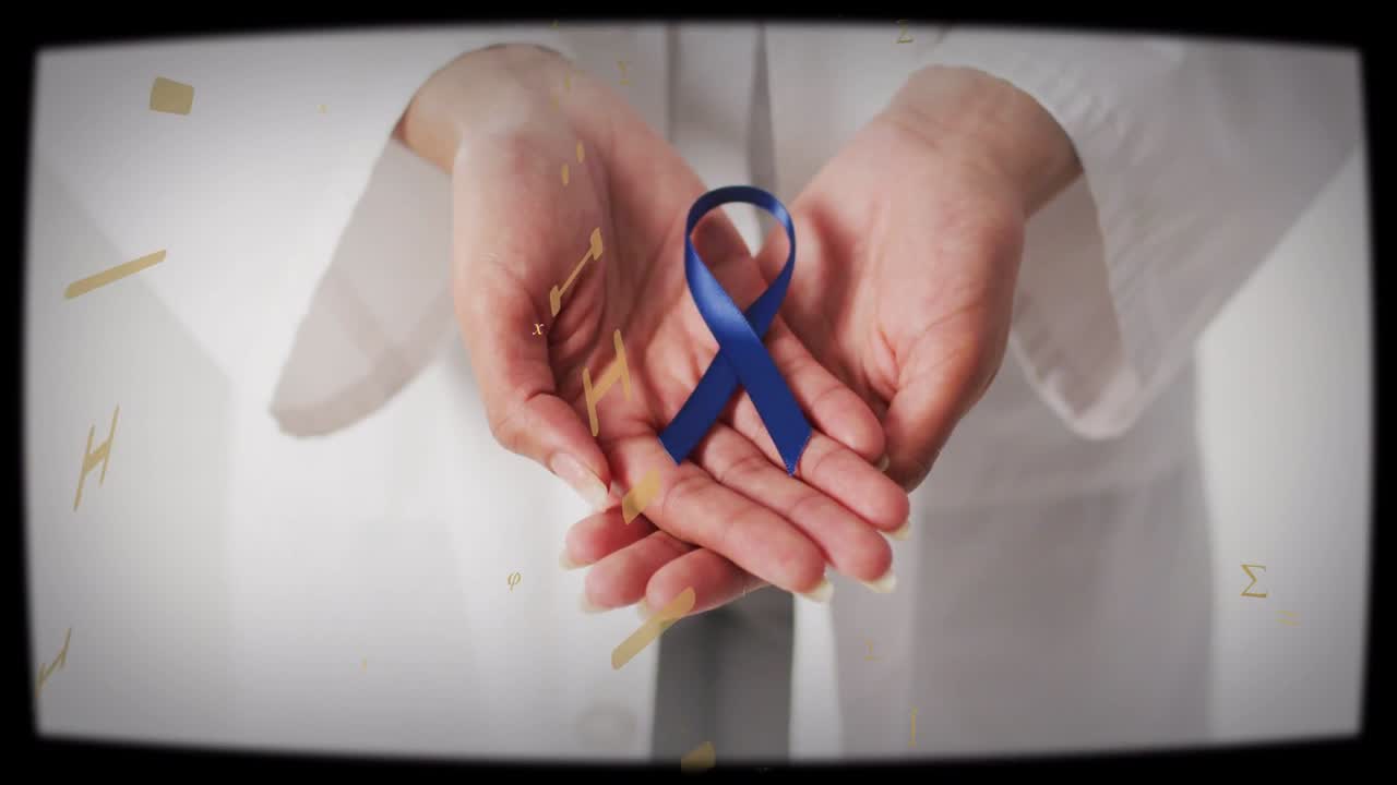 Clinica che tiene un nastro blu, un movimento della mano avvia grafici dorati per aumentare la consapevolezza sulla salute.