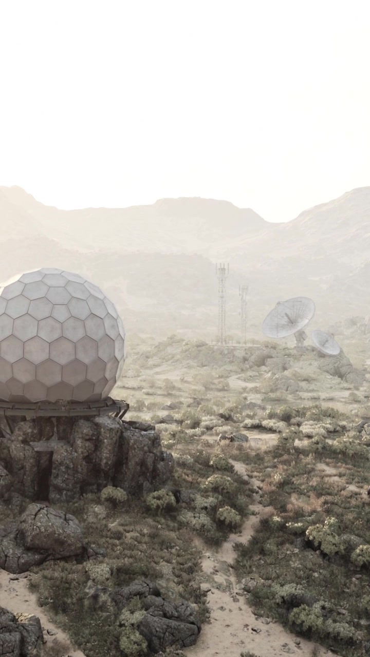 Exploration site with satellite dishes and research domes in a desert area