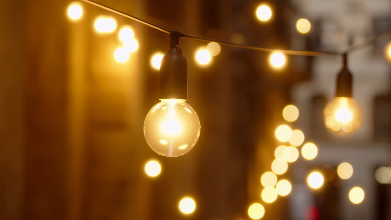 Lampu Hias Tali Luar Ruangan Hangat, Bola Lampu Filamen Gantung Bersinar Menciptakan Bokeh Kuning Keemasan, Gang Kota Kabur.