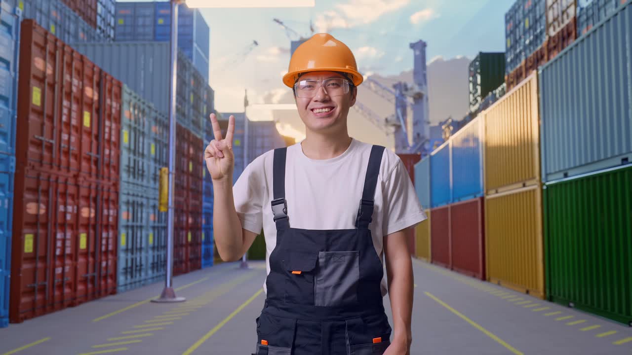 Asian Man Worker Wearing Goggles And Safety Helmet Smiling And Showing Peace Gesture To Camera While Standing At Container Yard Warehouse