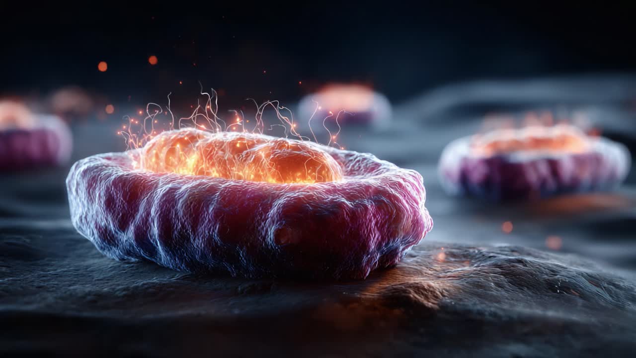 Exploring the Dynamic Processes of Cellular Structures: A Close-Up Look at Vibrant, Glowing Cells in a Microscopic Environment