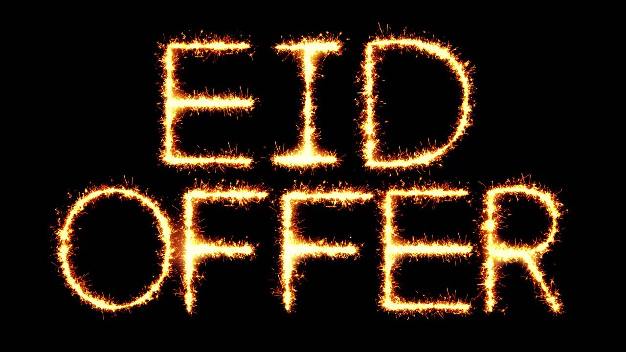 Eid offer text sparkler writing with glitter sparks particles firework on black 4k loop background