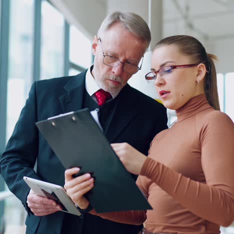 mature man in suit with young secretary indoors. attractive woman holding the folder and telling her chief about the new project.