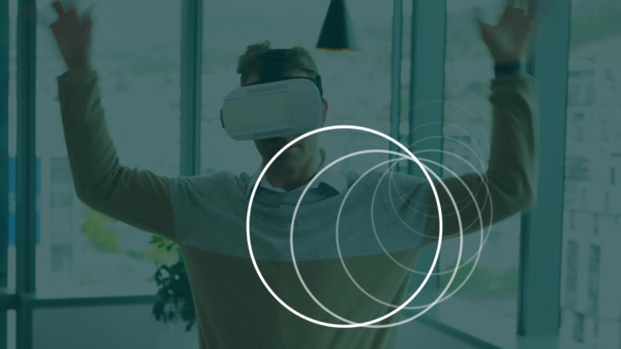 animación de círculos blancos que se mueven sobre el hombre que usa auriculares vr utilizando una interfaz virtual