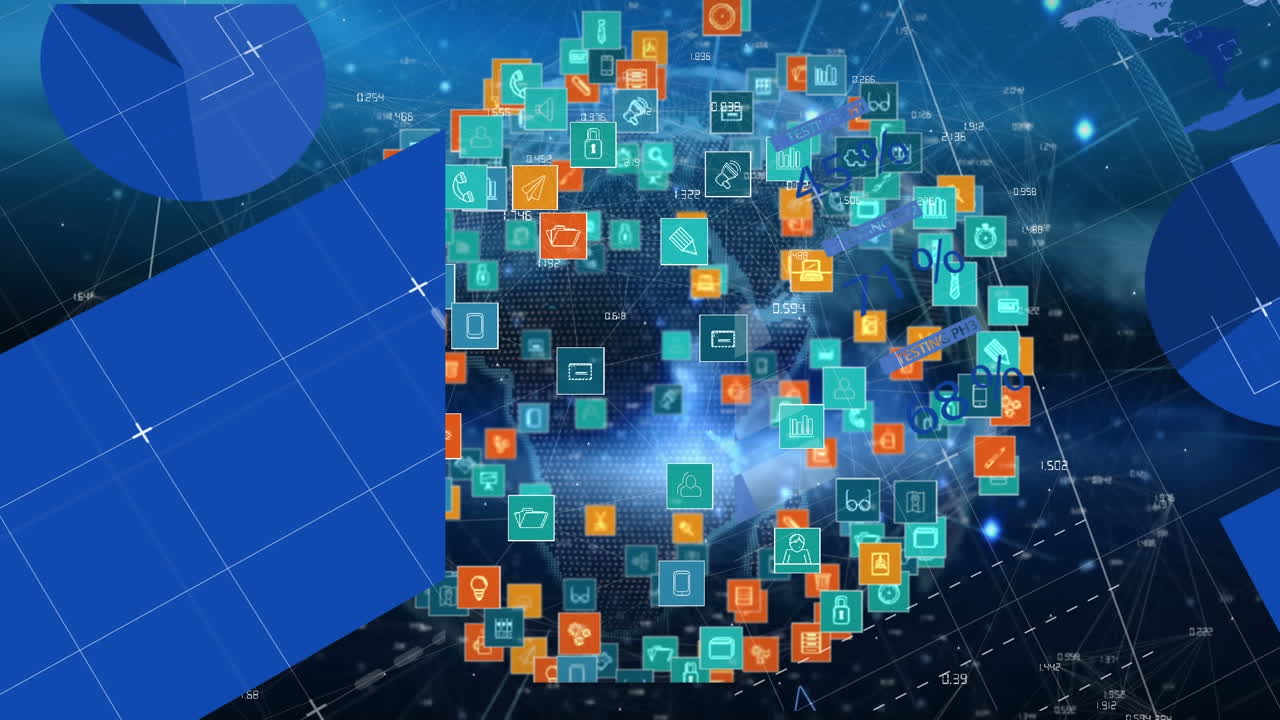 animación de la red de conexiones e íconos sobre el procesamiento de datos.