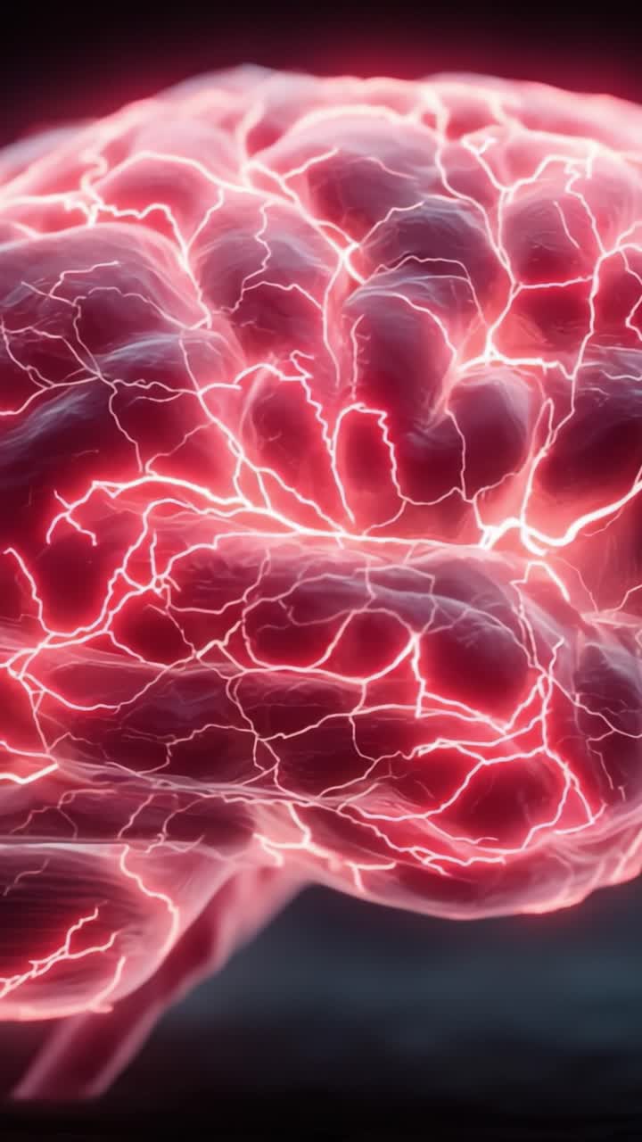 Dynamisk hjärnillustration: Utforskar neural aktivitet med livfulla röda elektriska mönster i en fängslande visuell representation av kognitiva processer.