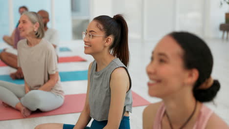 people, group or yoga on mat with smile