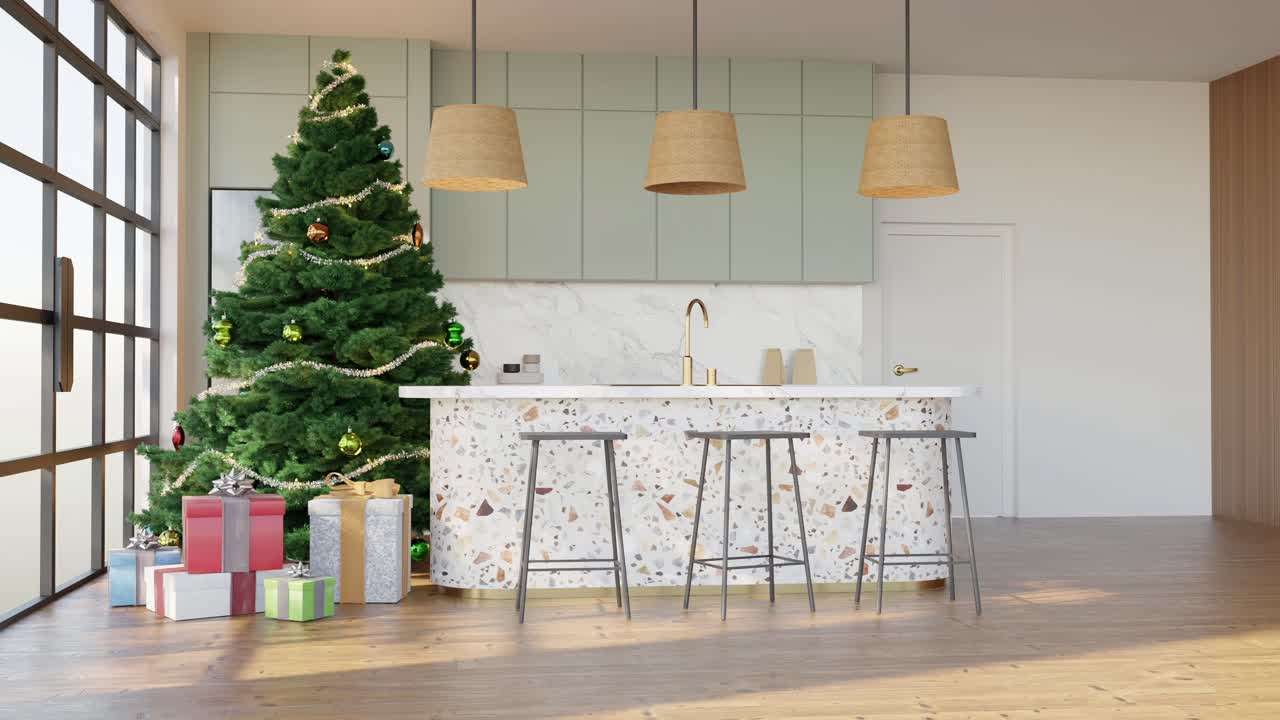 cocina elegante con una mesa de bar, sillas y decoración de navidad- diseño interior 3d