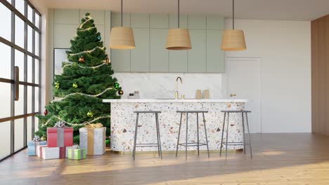 Stylish-kitchen-with-a-bar-table,-chairs-and-xmas-decor--3D-Interior-design