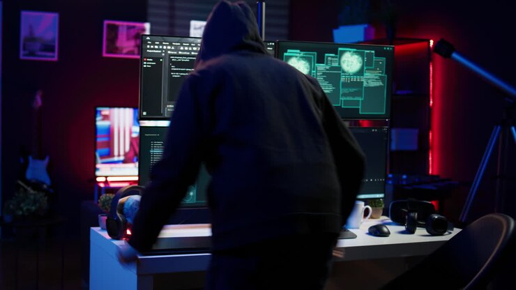 Hacker che arriva nel quartier generale sotterraneo, pronto per iniziare a programmare malware