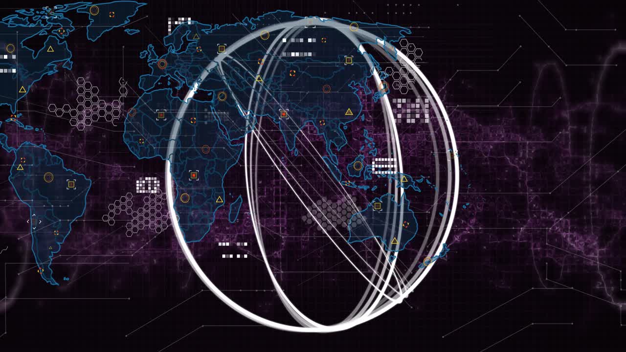 Animation of abstract geometrical shape and data processing over world map on black background