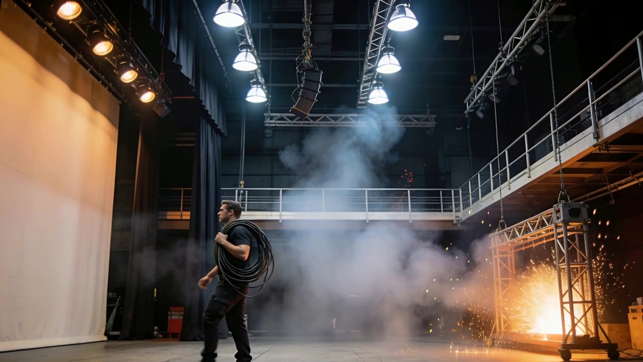 Tecnico con gli stivali che trasporta un cavo sul palco, segnale pirotecnico che sprigiona fumo, preparazione dello spettacolo, spazio per il testo.