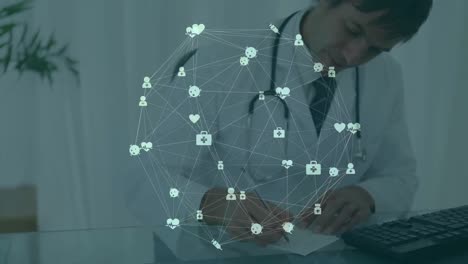 animation of network of connections over caucasian male doctor