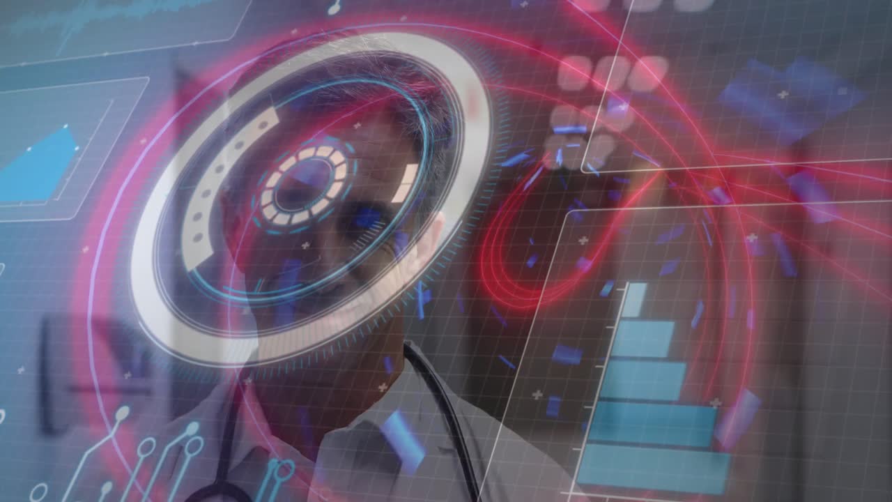 animación del procesamiento de datos sobre un médico caucásico sonriendo