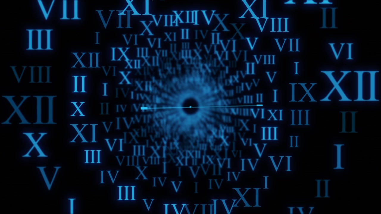 Glowing time travel numeral visual blue roman symbols rushing into a dark center giving clock tunnel