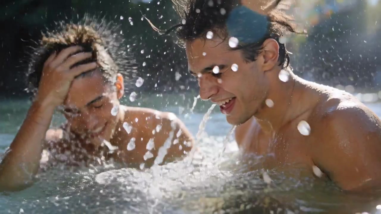 Dos amigos sin camiseta inclinándose hacia adelante, salpicándose la cara en un lago poco profundo, jugando y enviando gotas.