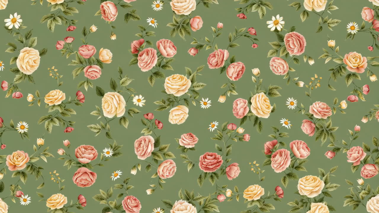 Seamless Floral Pattern with Roses and Daisies on Green Background