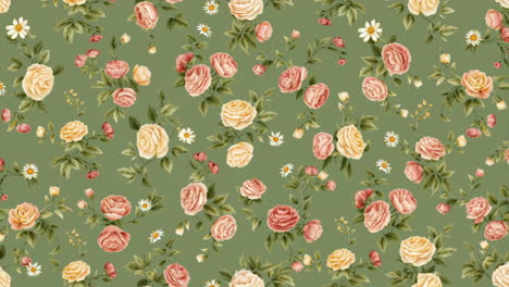 seamless floral pattern with roses and daisies on green background