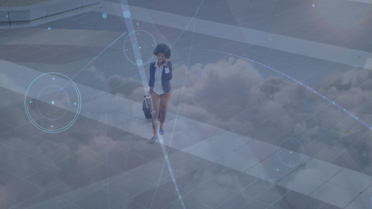 Animation of network of connections over woman using smartphone in city