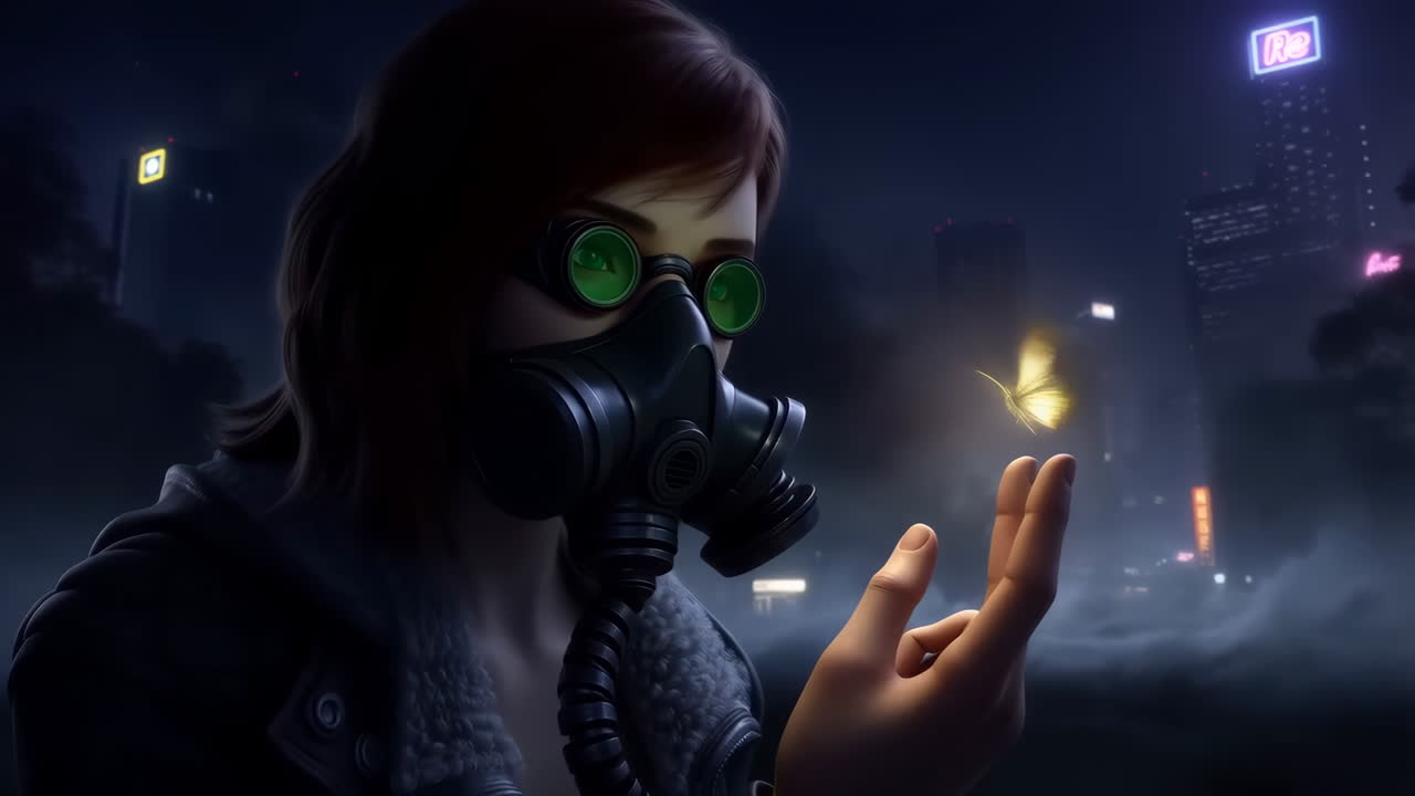 Person in a Gas Mask Holding a Glowing Butterfly in a Dystopian City