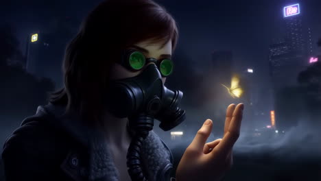 person in a gas mask holding a glowing butterfly in a dystopian city