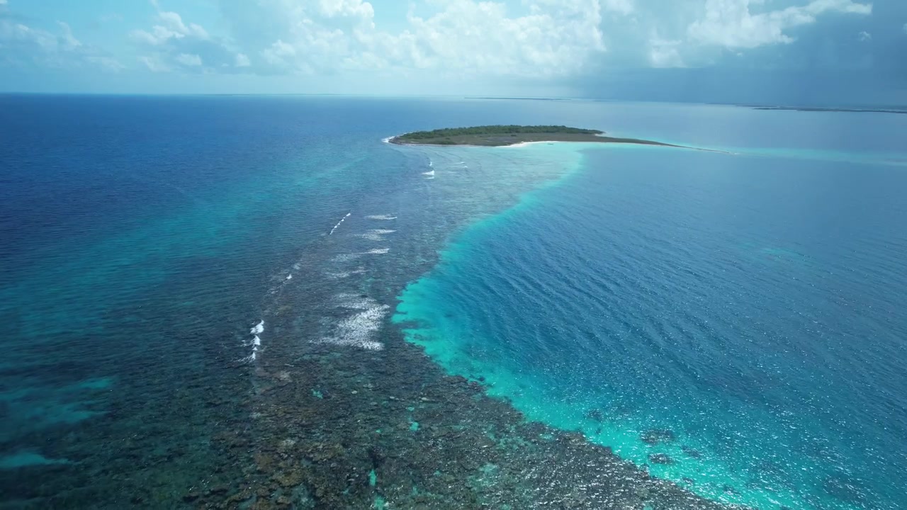 鮮やかなサンゴ礁とターコイズブルーの海に囲まれた熱帯の島、空撮。
