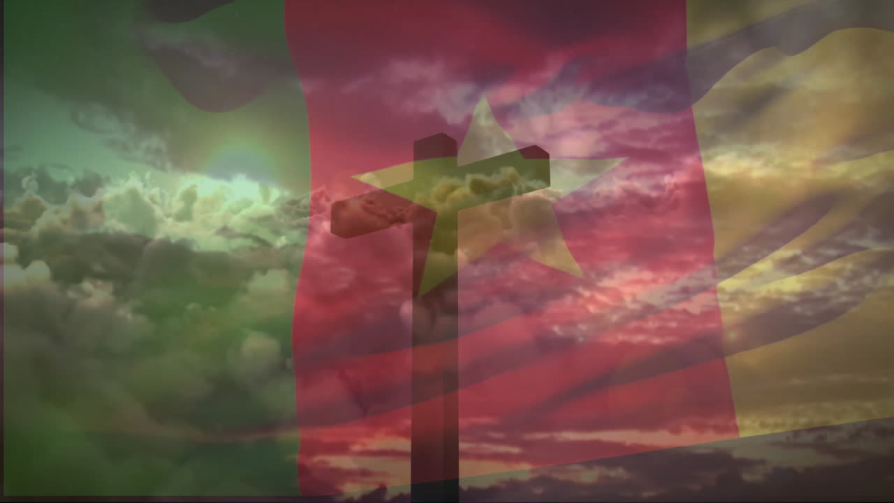Cameroon tricolor overlay animating wooden cross shape with star floating over clouds in flat style