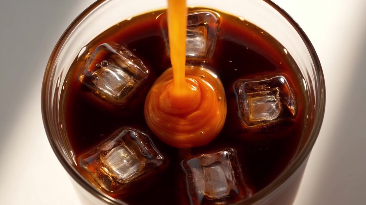 Latte cremoso versato nel caffè freddo in un bicchiere