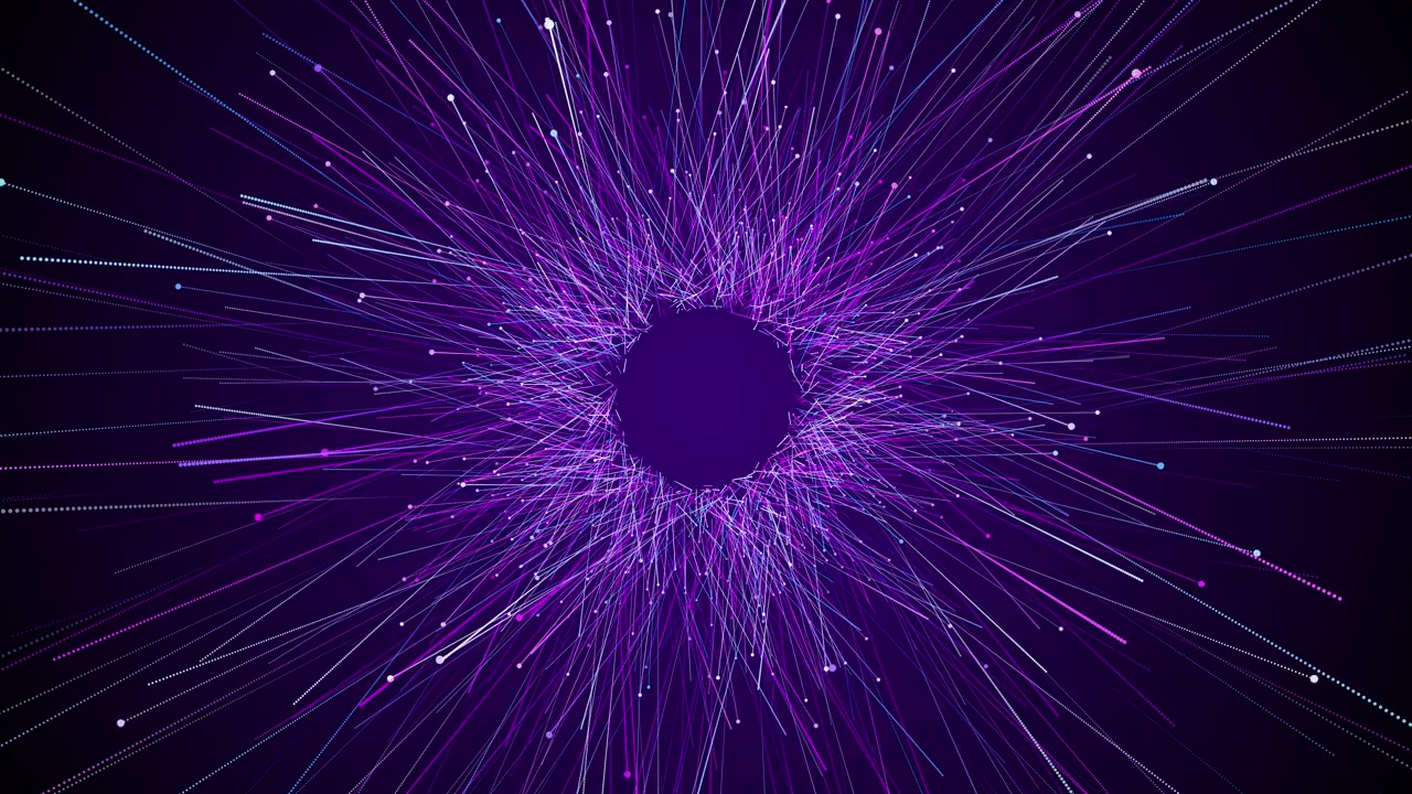 Purple particle burst background with radial light lines dotted nodes black center and energetic