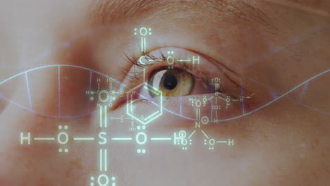animación de estructuras químicas y cadena de adn sobre el ojo