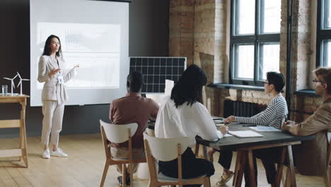 businesswoman presenting renewable energy project on seminar