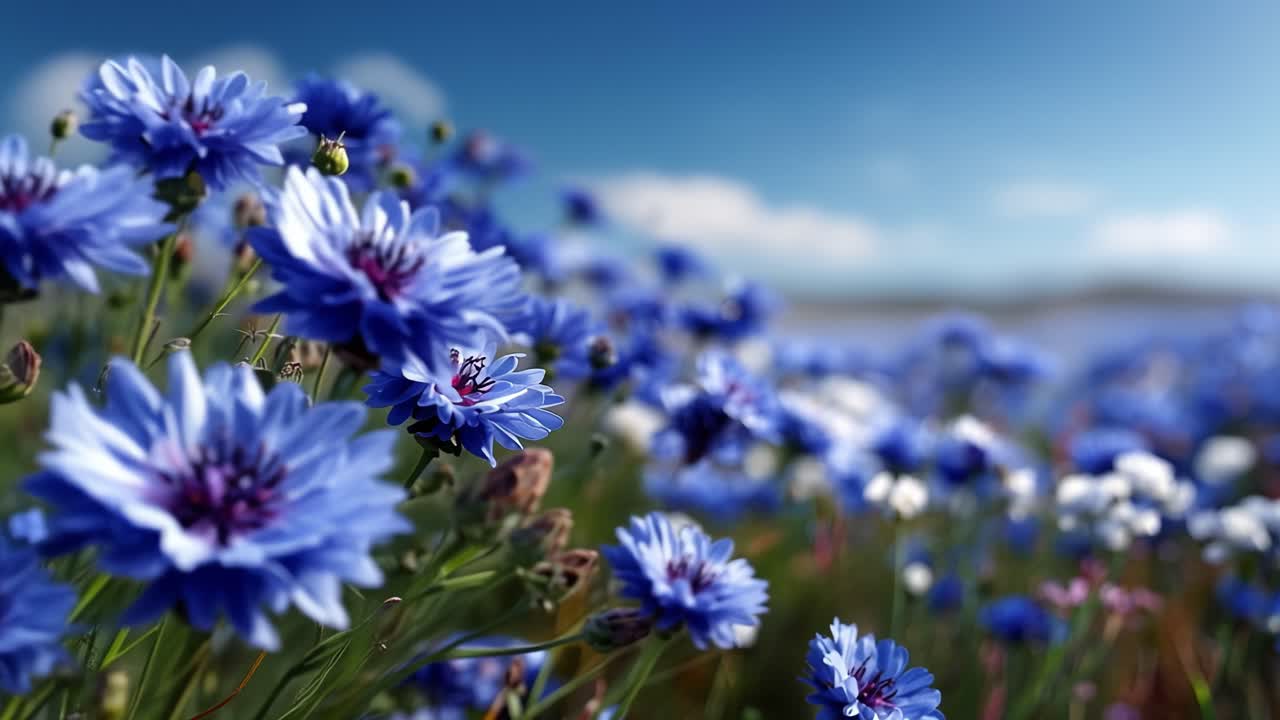 Flores azuis em flor balançam suavemente sob a luz do sol. O foco suave destaca pétalas vívidas e caules verdes. O céu azul claro adiciona uma atmosfera pacífica e natural.
