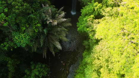 Unrecognizable-tourists-at-Tibumana-Waterfall,-Bali