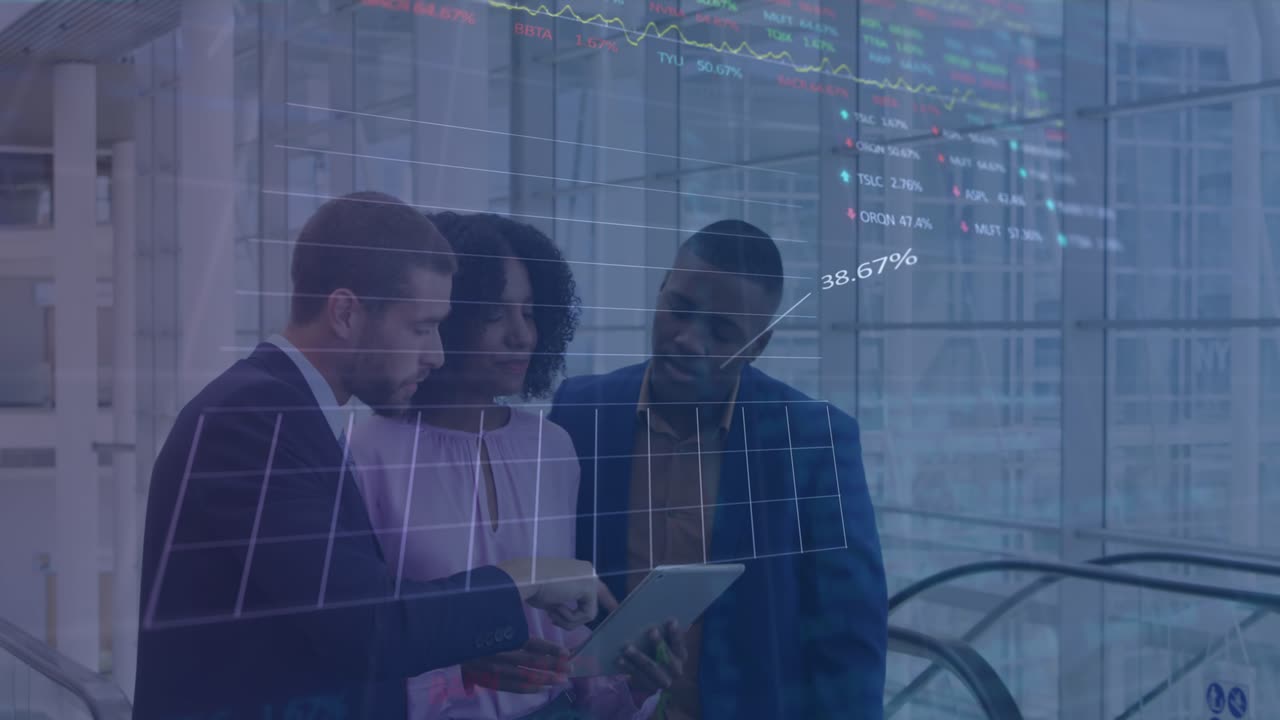 Animation of data processing over diverse business people talking