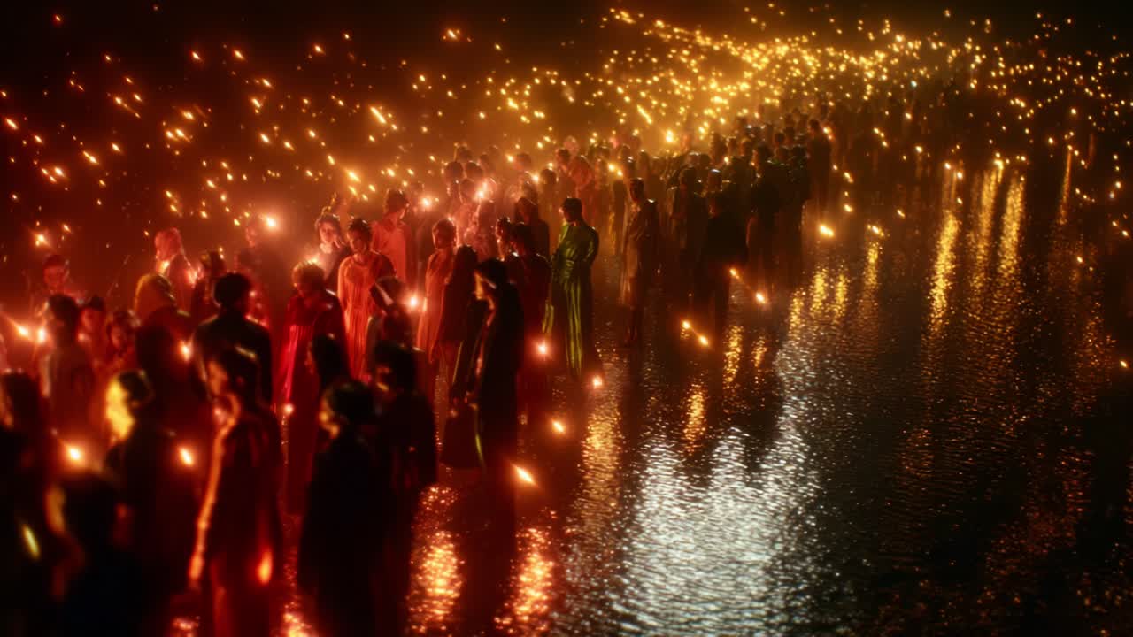 A mesmerizing procession of figures gracefully moving together along a shimmering body of water, carrying flickering torches that illuminate the night, creating a magical atmosphere filled with vibrant light and reflection