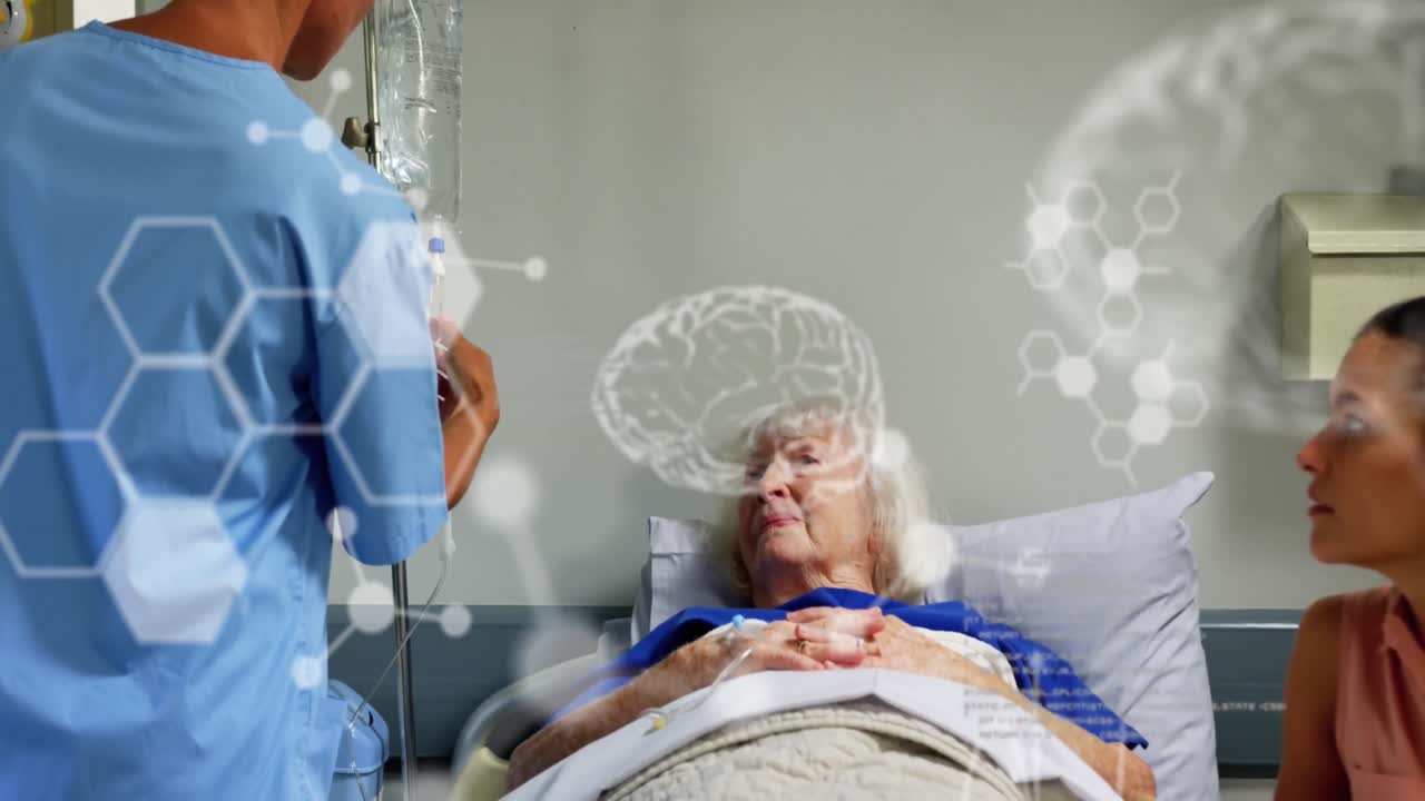 Animação de cérebros humanos e processamento de dados sobre paciente caucasiana com médico