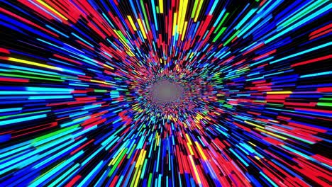 colorful pixelated rectangular bars converging toward central point, generating dynamic tunnel effect with kaleidoscopic visual intensity suggesting rapid movement through digital space