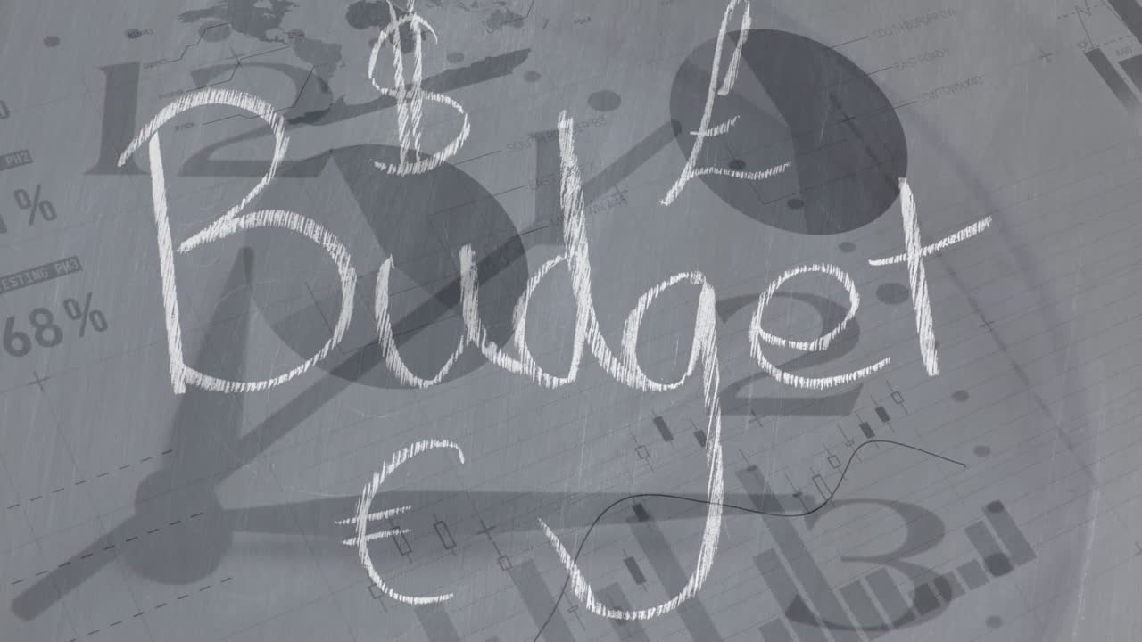 animación de la palabra presupuesto sobre la pantalla del mercado de valores en el fondo
