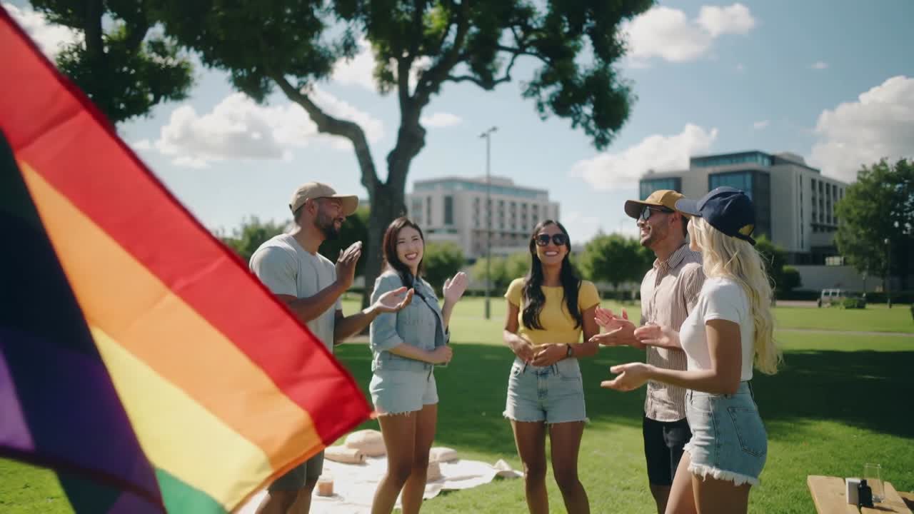 Una bandiera arcobaleno che ondeggia, cinque adulti disposti ad arco che applaudono e chiacchierano, celebrando un picnic del Pride.