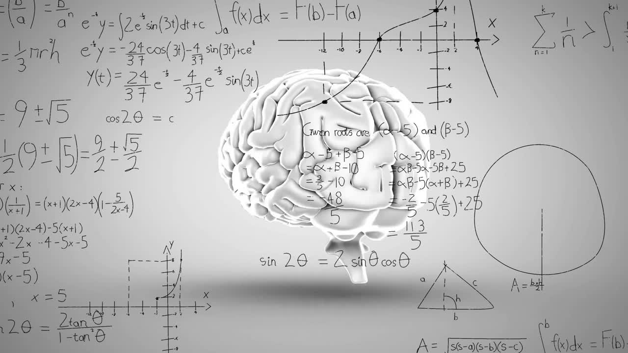animación del cerebro humano y procesamiento de datos matemáticos en fondo gris