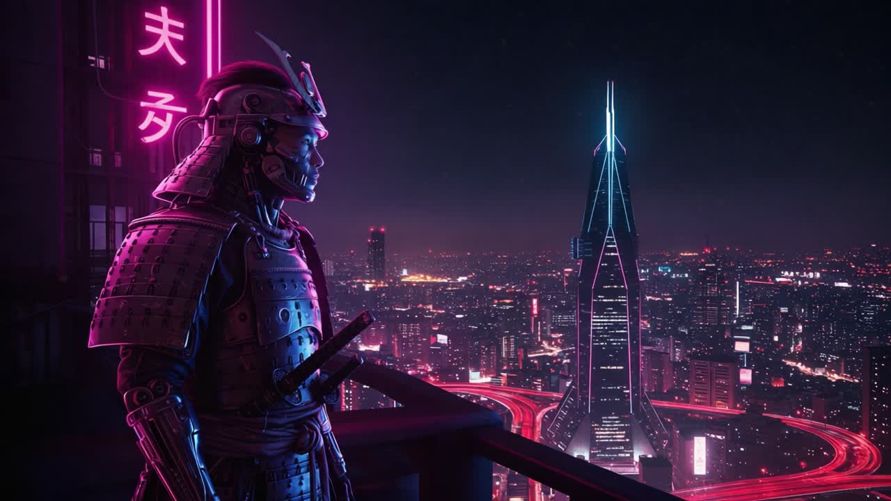 In un paesaggio urbano futuristico, un guerriero samurai vigila su un balcone terrazzato con vista su luci al neon e grattacieli sotto un cielo stellato