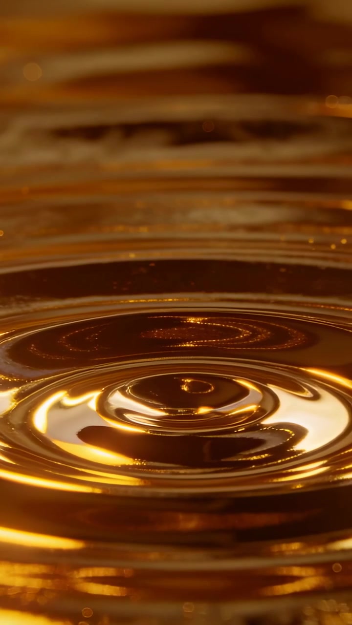 Droplet striking amber surface and generating concentric ripples, showing texture for product ad