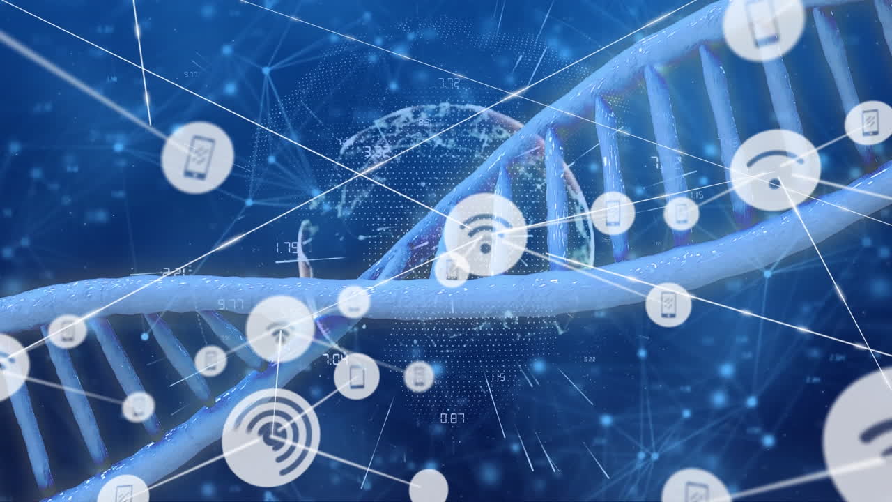 Animation of network of connections over dna strand and globe
