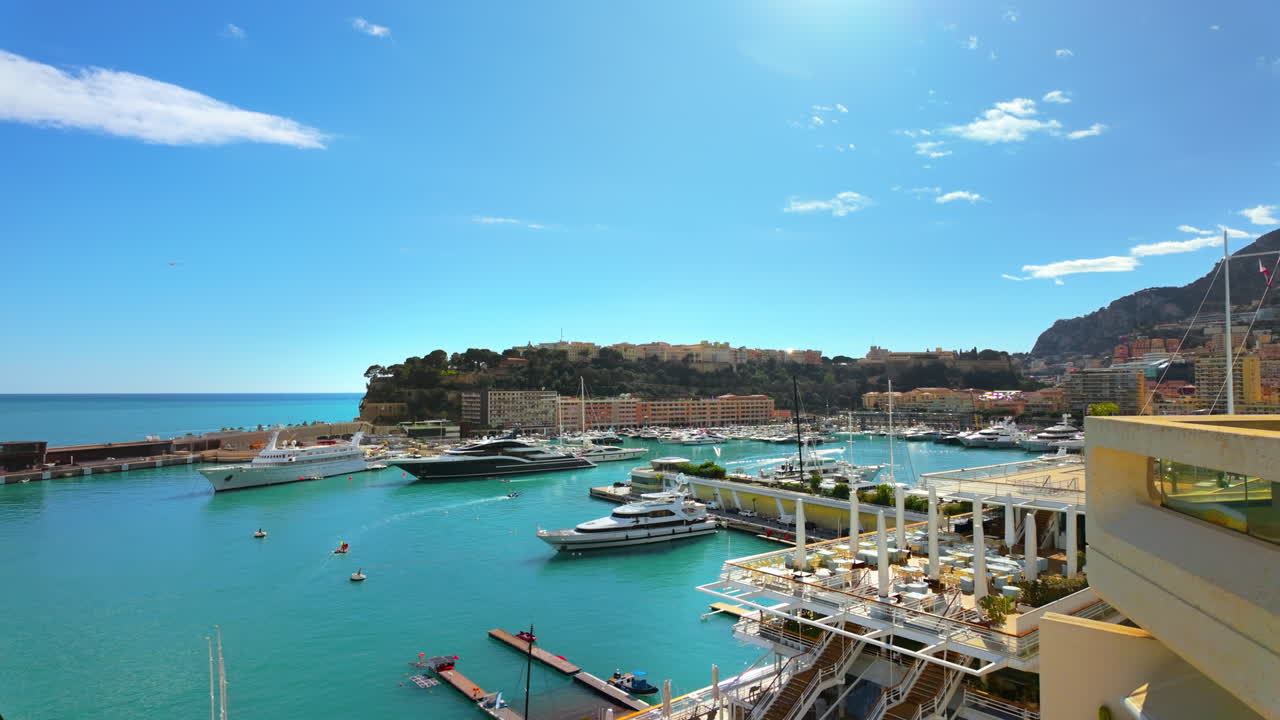 Aerial view of white boats docked in the in the Monaco Marina