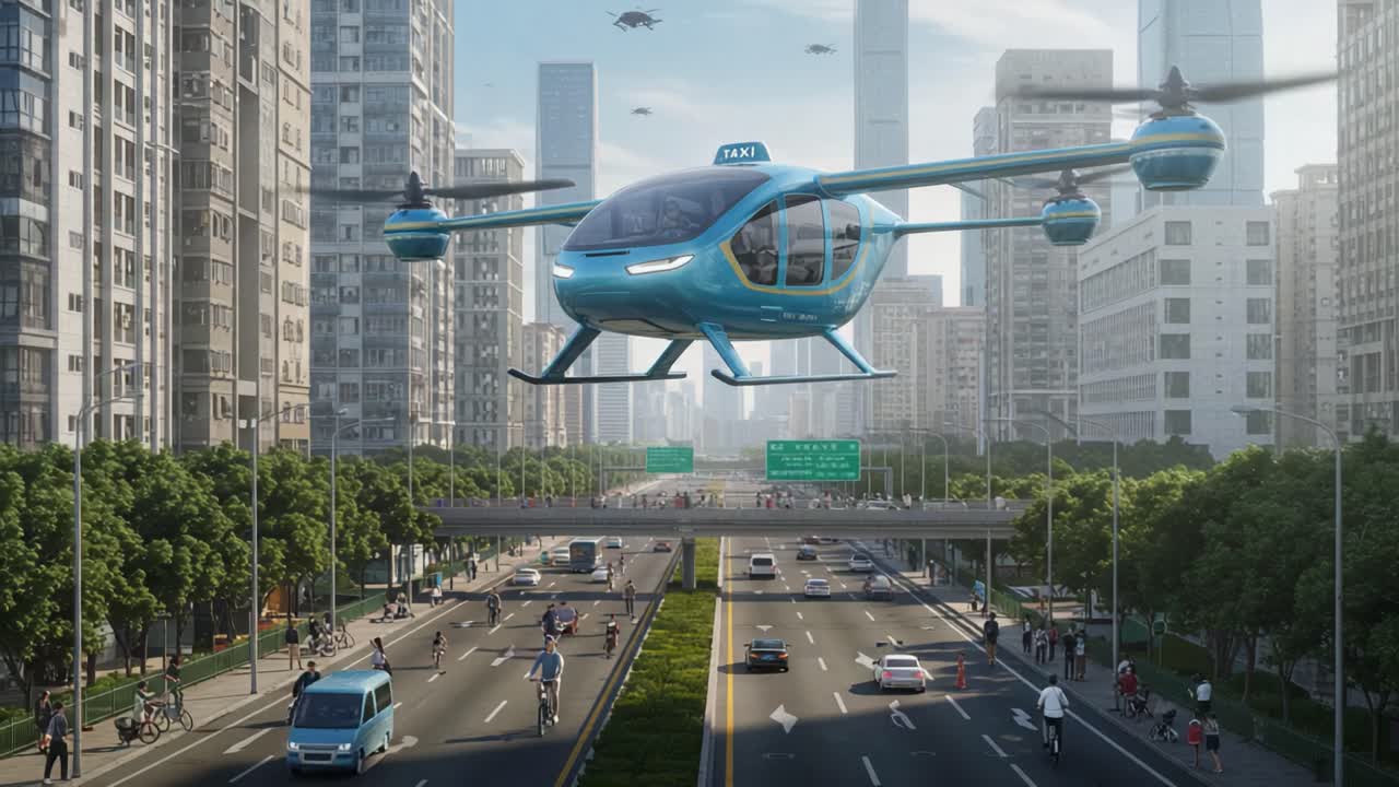 Futuristic Urban Scene Depicting a Flying Taxi Hovering Above a Bustling City Street, Illustrating the Integration of Advanced Technology in Transportation